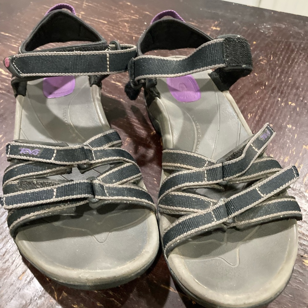 Teva Black and Gray Strapped Sandals with Purple Accent